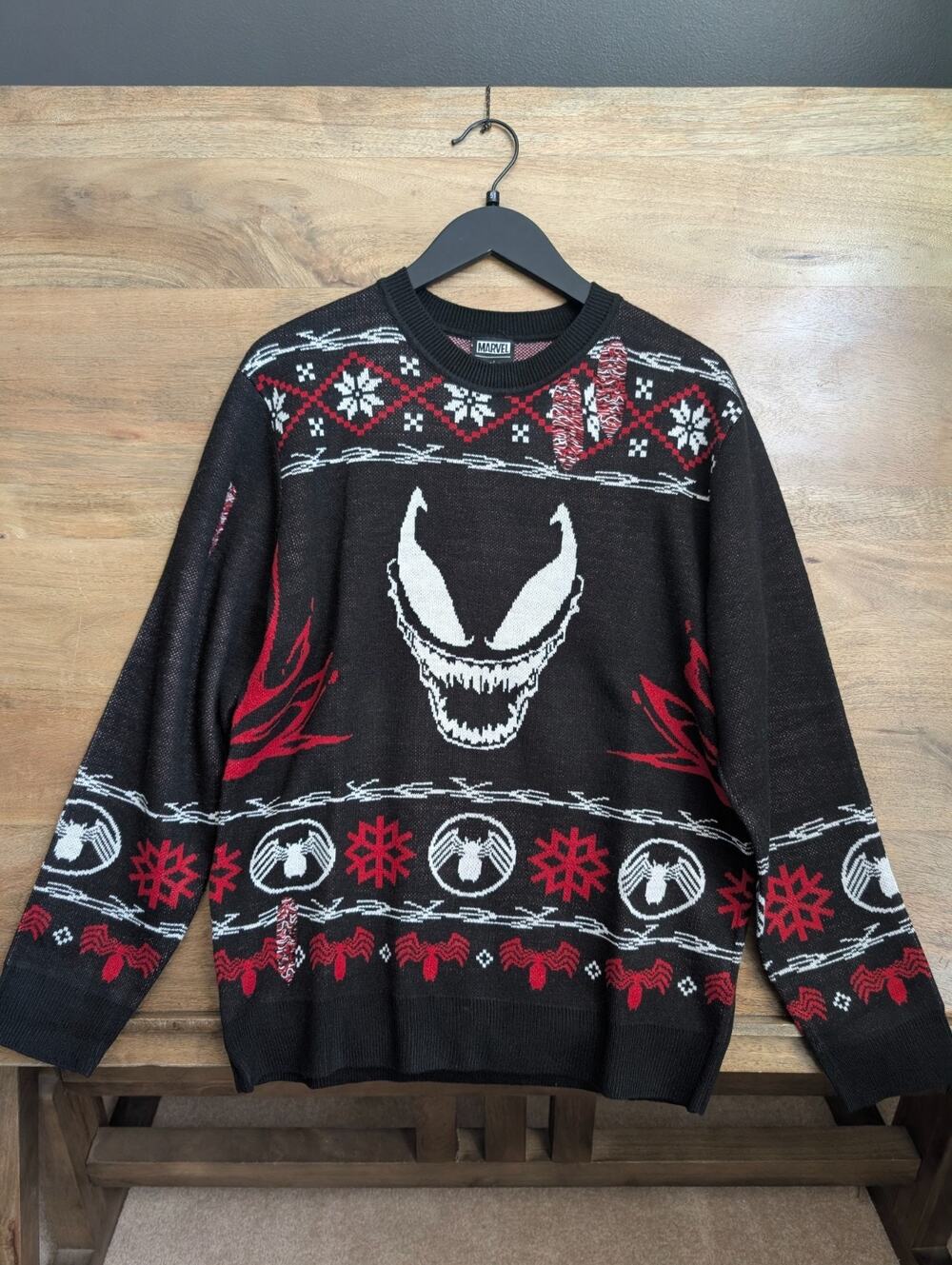 Marvel Our Universe Venom Distressed Knit Sweater Mens M Black Fair Isle Holiday